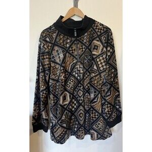 Bob Mackie Vintage Brown Black Tribal Design Half Zip Pullover Fleece Jacket 1X